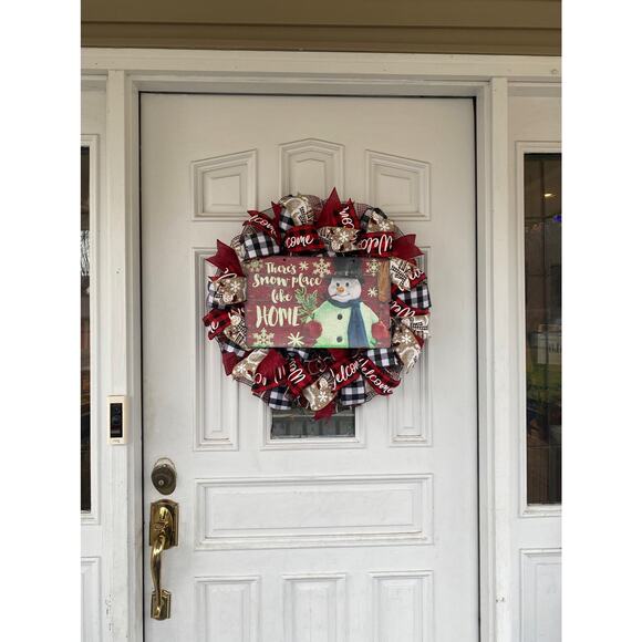 Buffalo Plaid Check Let it Snow Snowman Mesh Ribbon Christmas Wreath & Garland - Picture 9 of 10